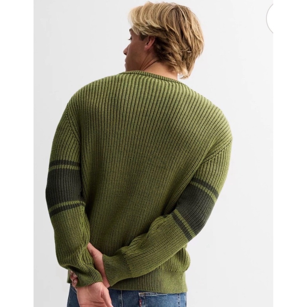Sage + Steel Mens XXL Shaker Knit Sweater Olive Green Striped Sleeve Crewneck - Picture 2 of 7